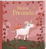 "Meine Freunde" in gelber Schrift. Illustration: Ein Einhorn trägt ein Eichhörnchen, umgeben von Zweigen und Herzen.