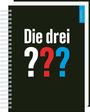 Text: "Die drei ???". Spiralgebundenes Notizbuch, schwarzer Hintergrund, Tab mit "myNOTES".