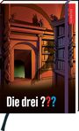 "Die drei ???" in Weiß und farbigen Fragezeichen. Bücherregal in dunklem Raum, mystische Schattenform, rote und blaue Töne.