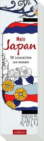 Text: "Mein Japan 50 Lesezeichen zum Ausmalen". Illustration: Blumen und Wellen in Weiß, Blau, Rot und Gelb.