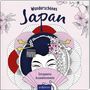 „Wunderschönes Japan“, „Entspannte Ausmalmomente“. Geisha mit Blumen und Fächern, zarte Farben, florale Motive.