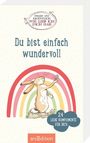 Text: "Du bist einfach wundervoll" und "24 liebe Komplimente für dich". Illustration: Ein Hase mit Schmetterling vor Regenbogen.