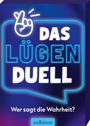 "Das Lügenduell. Wer sagt die Wahrheit?" Ein blaues, leuchtendes Sprechblasen-Design mit gekreuzten Fingern oben links.