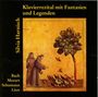 "Klavierrezital mit Fantasien und Legenden" von Silvia Harnisch. Namen: Bach, Mozart, Schumann, Liszt. Illustration: Zwei Mönche bei Vögeln unter Baum.