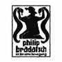 "philip bradatsch ich bin eine bewegung." Silhouette eines Mannes mit Hut, der zwei Gegenstände hochhält.