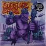 "Super Ape Returns to Conquer" in leuchtenden Buchstaben, Gorilla mit Krone und Zepter, Stadt im Hintergrund.