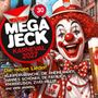 Mega Jeck Karneval 2027. Ein fröhlicher Clown mit roter Nase und Zylinder, hält ein Glas, im Hintergrund Kölner Dom.