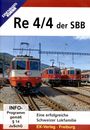 „Re 4/4 der SBB“, „INFO-Programm gemäß § 14 JuSchG“, „Eine erfolgreiche Schweizer Lokfamilie“. Drei rote Lokomotiven.