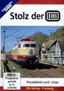 Stolz der DB, INFO-Programm gemäß § 14 JuSchG, Paradeloks und -züge, EK-Verlag Freiburg. Zug auf Schienen vor Fachwerkhäusern.