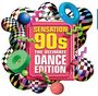 "Sensation 90s The Ultimate Dance Edition" in gelb und weiß auf einem pinken Rechteck. Bunte Muster und Formen umgeben es.