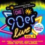 "Die 90er live" in bunten, leuchtenden Lettern auf schwarzem Hintergrund, umgeben von neonfarbenen Formen und Mustern.