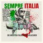 "SEMPRE ITALIA" oben, darunter Künstlernamen. Vintage-Motiv: Frau, schiefen Turm, Vespa-Roller, italienische Flagge.