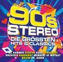 "90s STEREO DIE GRÖSSTEN HITS & CLASSICS" steht in großen Buchstaben, umgeben von bunten Formen und Mustern.