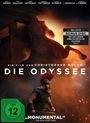 Oben Schauspielernamen, dann "Die Odyssee" von Chris Nolan. Unten ein Krieger vor Flammen, links FSK 12-Symbol.