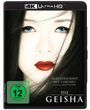 "Ausgezeichnet mit 3 Oscars. Inklusive beste Kamera. Die Geisha." Gesicht einer Frau mit roten Lippen und blauen Augen.