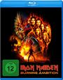 "Iron Maiden: Burning Ambition" in roter Schrift. Ein monsterartiges Gesicht und mehrere Köpfe in Flammen. FSK 12 Logo.