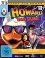 "Howard the Duck - Ein tierischer Held". Comic-Stil Grafik: Anthropomorpher Erpel mit Brille vor Stadt und Blitzen, Menschen dabei.