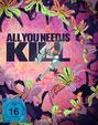 Text: "ALL YOU NEED IS KILL". Illustration: Figur mit futuristischer Rüstung kämpft inmitten abstrakter, blumiger Kreaturen.