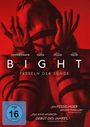 „BIGHT – Fesseln der Sünde“, FSK ab 16. Ein Gesicht, Hände mit Seilen gefesselt, roter Hintergrund.