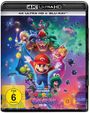 "4K ULTRA HD + BLU-RAY, FSK 6. Mario, Yoshi und Prinzessin in galaktischer Szene mit bunten Sternen, Planeten und Charakteren."
