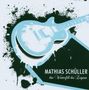 "Mathias Schüller das Winterfell des Leguan." Illustration einer E-Gitarre mit Farbspritzern im Hintergrund.