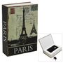 Buchförmige Box mit "PARIS", Eiffelturm, Briefmarken und Vintage-Design. Geöffnet mit Innenfach und Schlüssel.