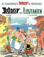 Text: „ASTERIX IN LUSITANIEN“. Asterix und Obelix laufen durch ein buntes Dorf, umgeben von Menschen und Gebäuden.