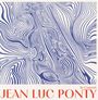 „JEAN LUC PONTY In Concert“ in roter Schrift. Blaue, geschwungene Linien bilden ein abstraktes Muster.