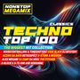 "NONSTOP MEGAMIX", "TECHNO TOP 100 CLASSICS", "THE BIGGEST HIT COLLECTION" in leuchtenden Farben auf abstraktem Hintergrund.