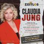 "ZEITLOS CLAUDIA JUNG" mit Titeln. Links Porträt einer Frau mit lockigem Haar und rotem Oberteil.
