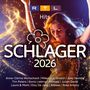 Logo "RTL Hits", "SCHLAGER 2026", Namen von Künstlern. Junge Frau tanzt, umgeben von leuchtenden Partikeln.