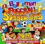 Ballermann Fußball Sommerhits 2026. Menschen jubeln mit Bier, Fußball und Deutschlandfarben. Illustrativ, fröhliche Stimmung.