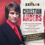 "ZEITLOS", "CHRISTIAN ANDERS", Songtitel und Zusatzinfo über Re-Recordings. Ein Mann in einem Anzug mit rotem Hemd.