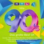 Text: "RTL Hits", "90's Das große Best Of", gefolgt von Bandnamen. Bunte geometrische Formen im Hintergrund.