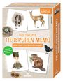 „Das große Tierspuren Memo“ – „Wer findet die meisten Paare?“ Oben Karten mit Tierillustrationen: Reh, Biber, Nest.