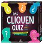 „Das Cliquen Quiz: Ein Partyspiel. Hauptsache du weißt, wer es weiß!“ Bunte Silhouetten mit Fragezeichen.