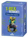 „T-Rex gesucht! Schwarzer Peter umgekehrt“ steht auf der Schachtel. Illustration: T-Rex im Sessel mit Katze.