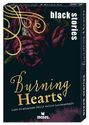 "Burning Hearts," "black stories," "Löst 50 atemlose Fälle voller Leidenschaft." Rote Rosen und geschwungene Linien dekorieren.