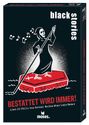 Texte: "black stories", "BESTATTET WIRD IMMER!", "Löst 50 Fälle von Social Media-Star Luis Bauer", "moses." Illustration: Sensenmann rudert auf einem Sarg, umgeben von Noten.