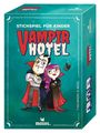 "Stichspiel für Kinder" und "Vampir Hotel" in großen roten Buchstaben, mit Vampir und Vampirin Illustration.