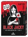"KARTENSPIEL. Bei 21 bist du raus! BLACK JACKY. Illustration: Frau mit Karte, schwarzer Hintergrund, rote Akzente."