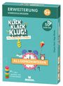Erweiterung Vorschulwissen, Klick Klack Klug! Allgemeinwissen. Illustration mit Uhr, Eule und Drachen. Ab 5+, 50 Karten.