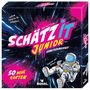 „SCHÄTZ IT JUNIOR ERWEITERUNGSSET“ in kräftigen Farben. Ein Astronaut schwebt im Weltraum. „50 NEUE KARTEN“.
