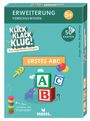 Erweiterung „Erstes ABC“ für Vorschulwissen; 50 Karten; ab 5 Jahren; Klick Klack Klug Logo; bunte Buchstabenwürfel.