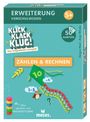 "ERWEITERUNG VORSCHULWISSEN, KLICK KLACK KLUG! ZÄHLEN & RECHNEN, 5+, 50 KARTEN. Illustration eines Drachens mit Zahlen."