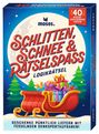 Box für Logikrätsel: "SCHLITTEN, SCHNEE & RÄTSELPASS". Roter Schlitten mit Geschenken, Tannenbäume im Hintergrund.