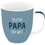 „Bester Papa der Welt“ steht auf einer blauen Tasse mit einem kleinen roten Herz.