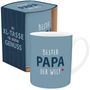 Becher: "Bester Papa der Welt" mit kleinem roten Herz. Verpackung: "Die XL-Tasse für großen Genuss", in Blau.