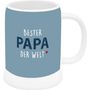 Auf einem blauen Hintergrund steht: "Bester Papa der Welt" mit kleinem roten Herz. Tasse mit Henkel.