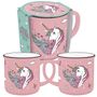 „Lieblingsbecher“, rosa Tassen mit Einhorn-Illustration, Blumen, Schmetterlingen und Wolken.